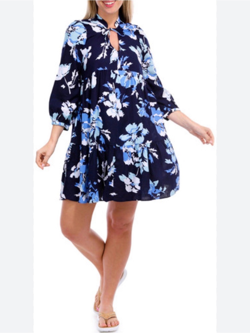 NWT Ellen Tracy Navy Blue Floral Puff Sleeve Midi Dress Size M Linen Blend
